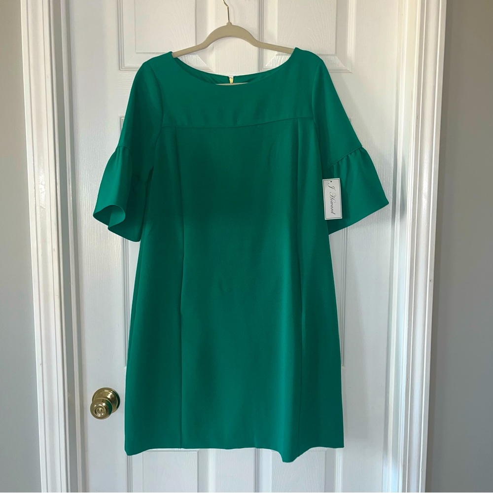 J Howard Ruffle Bell Sleeve Shift Dress Womens Size 10 Kelly Green Pockets NEW‎